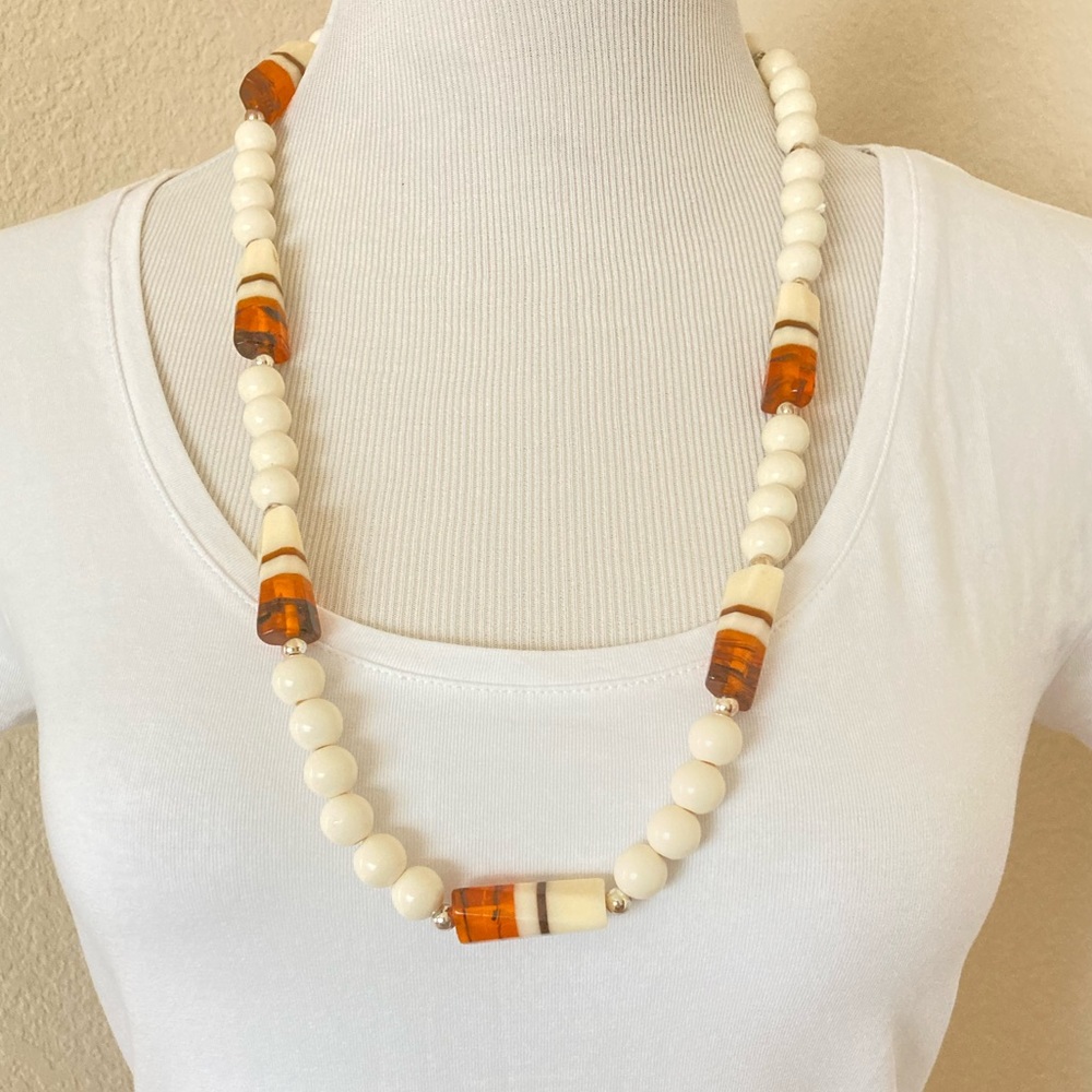 Mid Century Modern necklace ivory and orange beads vintage necklace long beaded
